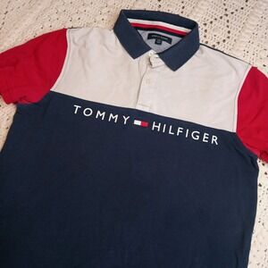 Tommy Hilfiger Polo‎ Shirt Mens L Full Logo Flag USA Spell Out Retro Color Block